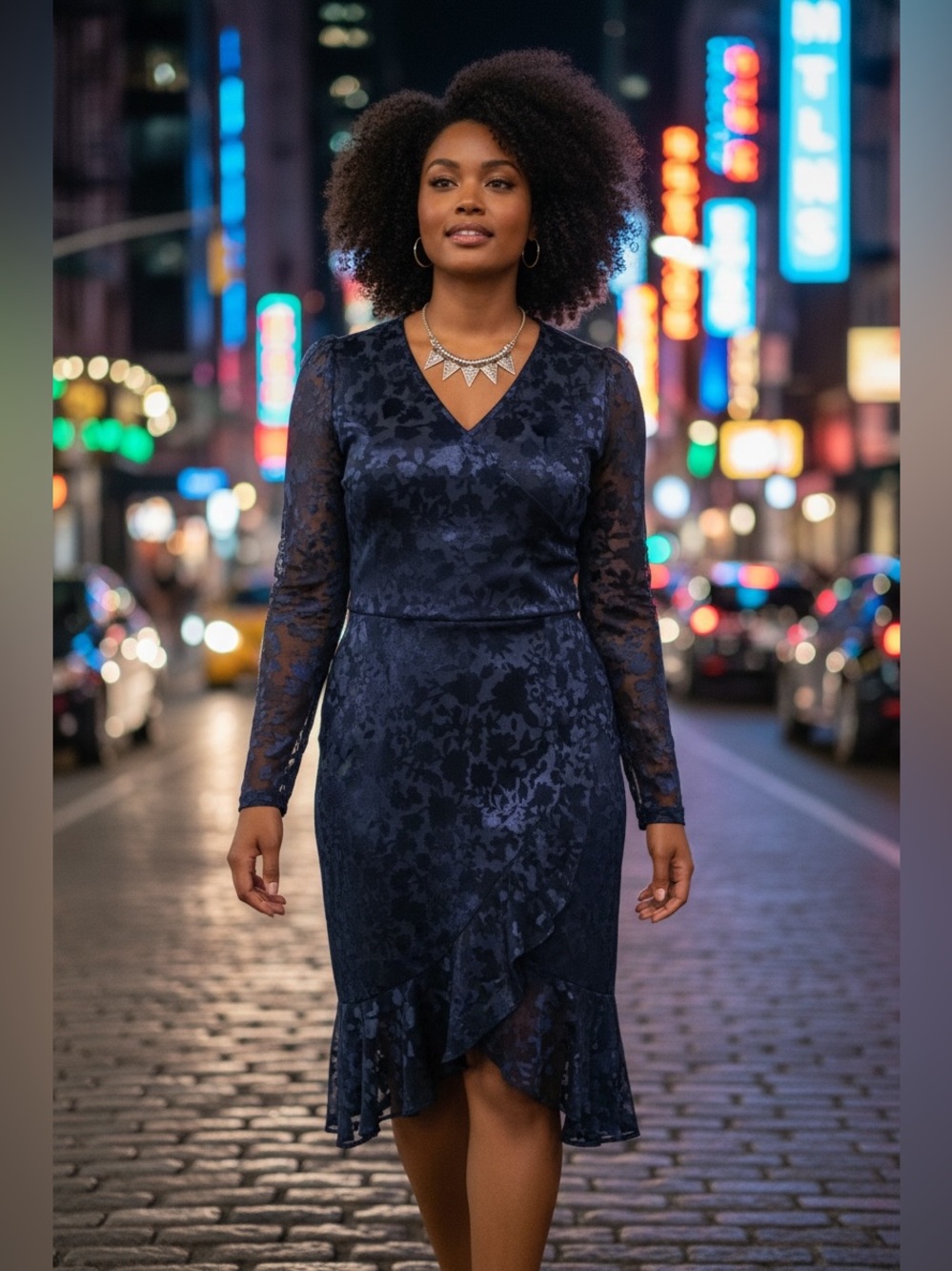 Tommy Hilfiger Dark Blue Floral Velour Long Sleeve Midi Dress